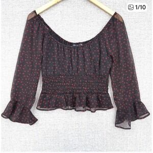 Abercrombie & Fitch Floral Puff‎ Sleeve Top XS Women Crop Peasant Y2K Black 90's